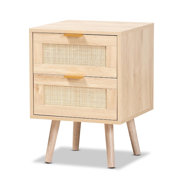 Baxton Studio Baird Mid-Century Modern Light Oak Brown Finished Wood and Rattan 2-Drawer Nightstand 176-11249-Zoro - main